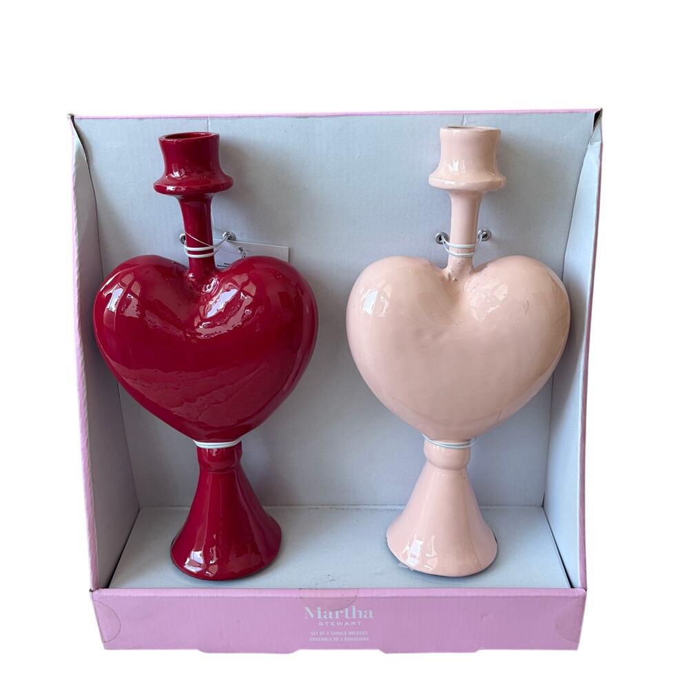 2pc Martha Stewart Red & Pink Heart Ceramic Taper Candle Holders 10in Valentine